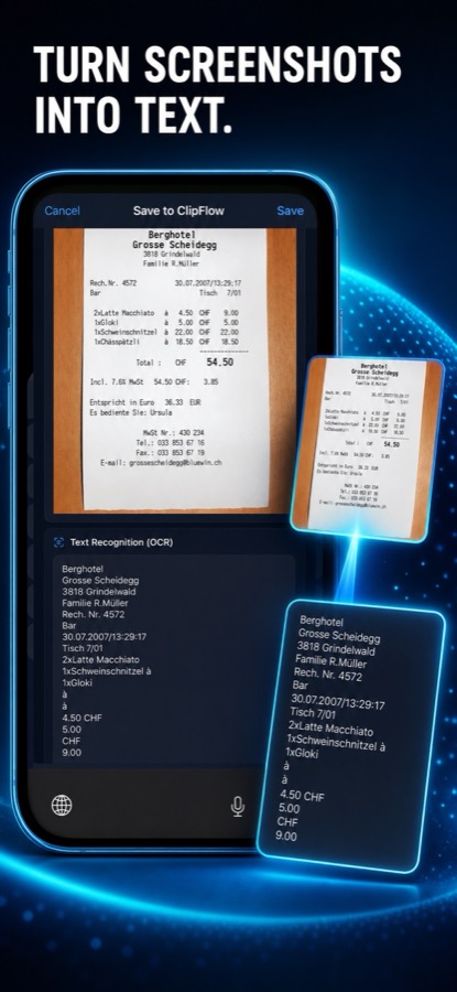 Clip Flow App Store preview: Turn screenshots into text.