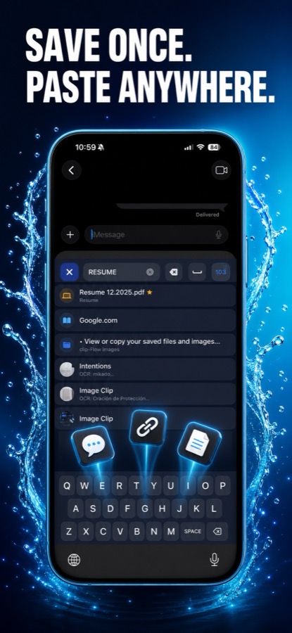 Clip Flow App Store preview showing the keyboard finding saved files, links, and clips